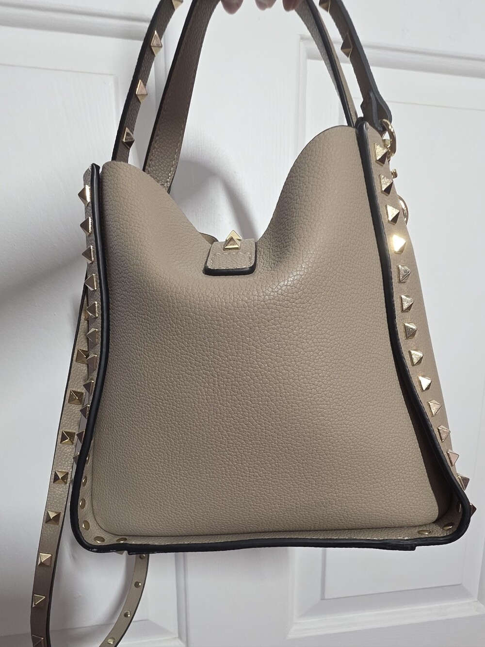 Genuine Cowhide Leather Studded Bucket Bag with Top Handle - Picture 11 of 16